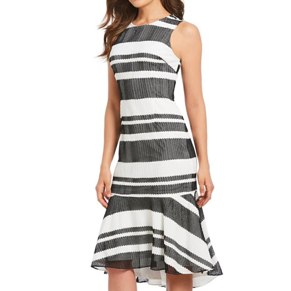 Adrianna Papell Black & ivory striped Kang Kang hi-lo trumpet dress, Size 4